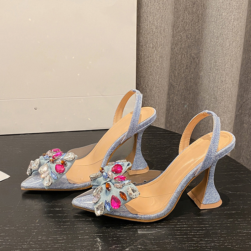 Fashion Liyke Design Gem Bowknot Women Pumps Sexy Pointed Toe Blue Denim New Strange High Heels Shoes Ladies PVC Transparent Sandal 3602