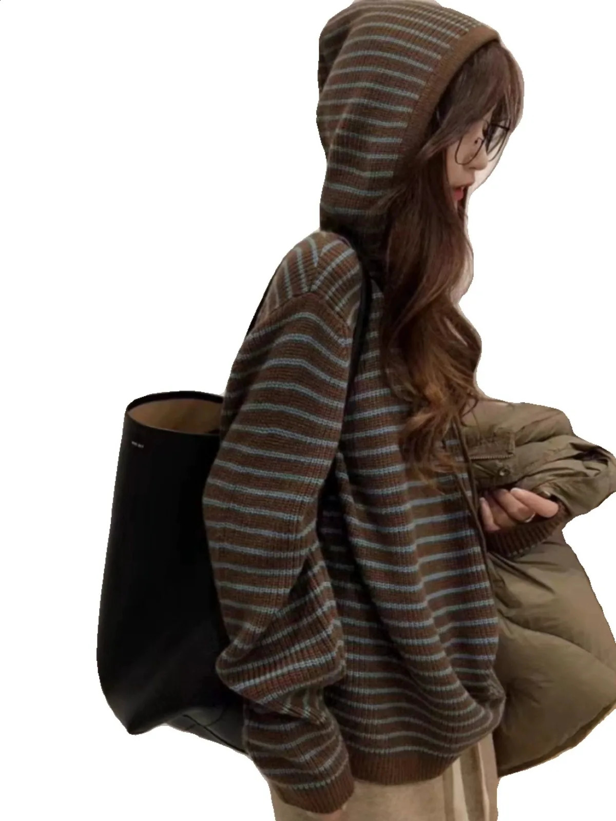 Western striped pure cashmere hoodie sweater for womens winter loose wool bottom 240827