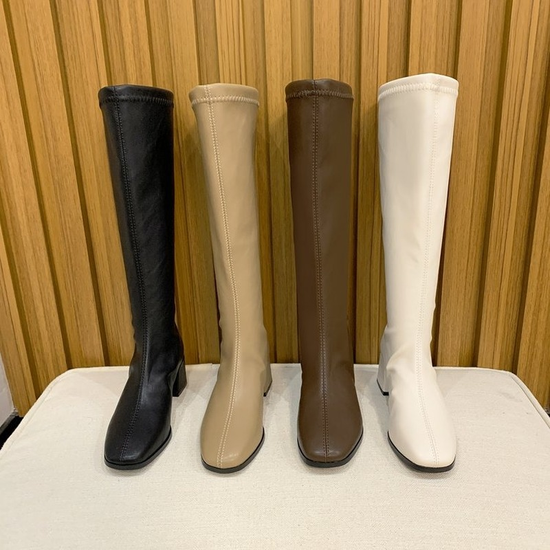 Women Black High Heel Long Boots Fashion Autumn Winter Warm Knee High Boots Soft Leather Thigh High Boots Shoes Zipper Size 42
