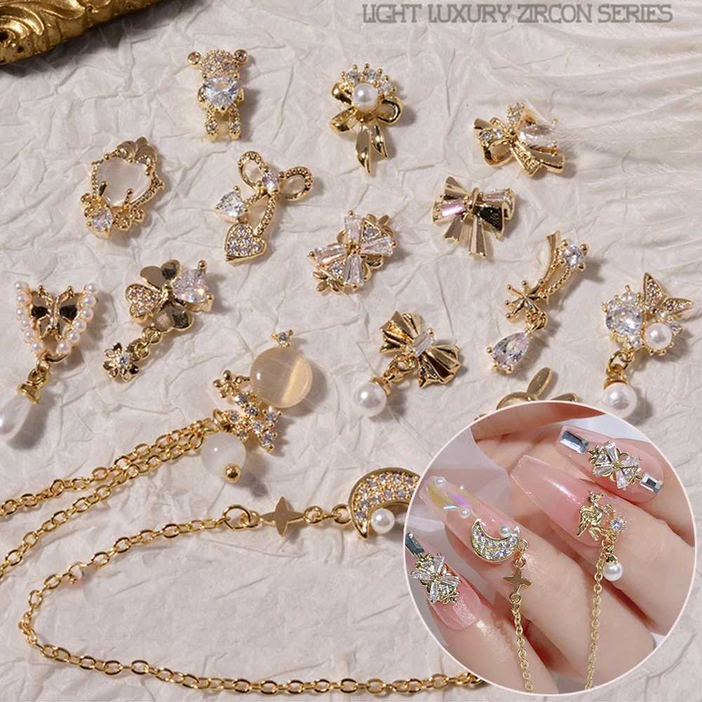 3D Bow Flower Crystal Pendant Chain Nail Art Decoration Metal Zircon Nail Art Jewelry Nail Accessories Charm Hand Tools W240829