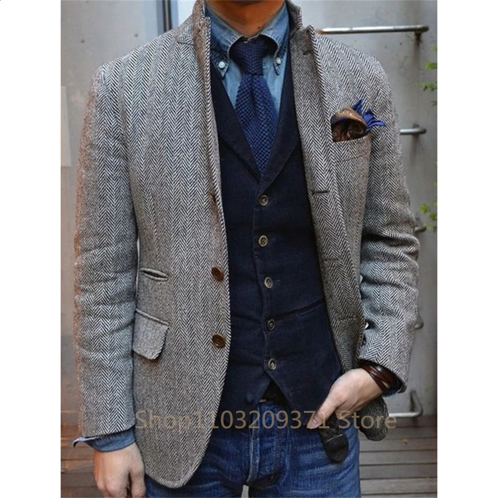 Mens set herringbone coarse woolen jacket winter warm short jacket retro slim fit mens jacket outerwear only 240829