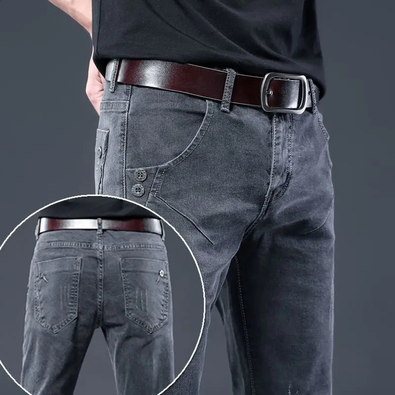 Autumn Winter Brushed Cowboy Slim Clothes Male Korean Style Denim Skinny Plush Grey Jean Pants Trousers for Men 240826Z