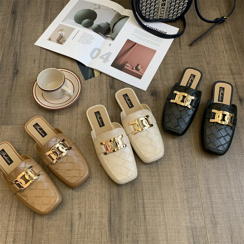 Women Light Outdoor Flat Mules Temperament Square Head Slides Fashion Plaid Metal Buckle Modern Slippers Roman Sandals 4 a59f1