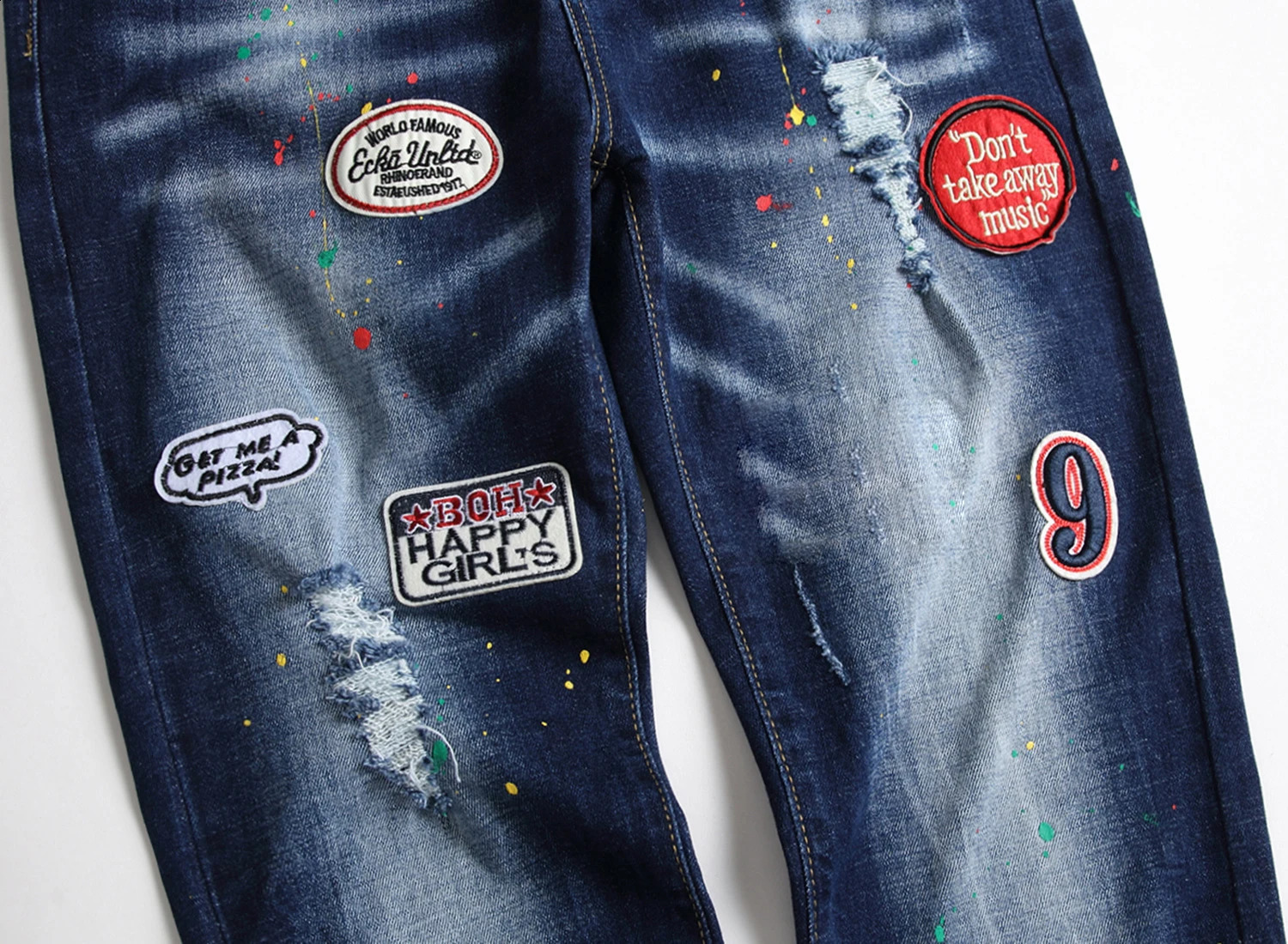Mens fashion badge decoration tear hole jeans splash ink printed denim pants elastic slim straight casual jeans; 240829