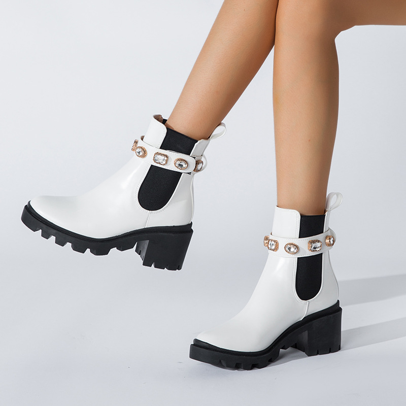 Diamond Riding boots female women shoes elastic band mid-calf knight bottes chunky high heels crystal stretch botas mujer 2021