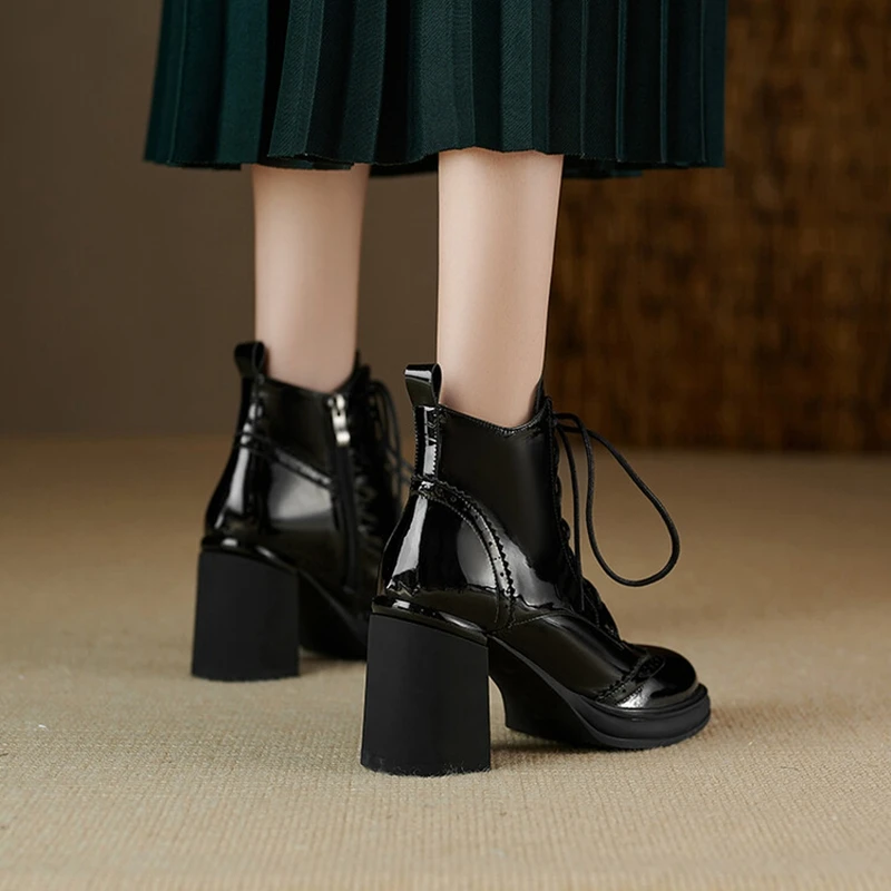 Spring NEW Round Toe Chunky Split Leather for Women High Heel Platform Boots Elegent Ladies Shoes 1963 Platm