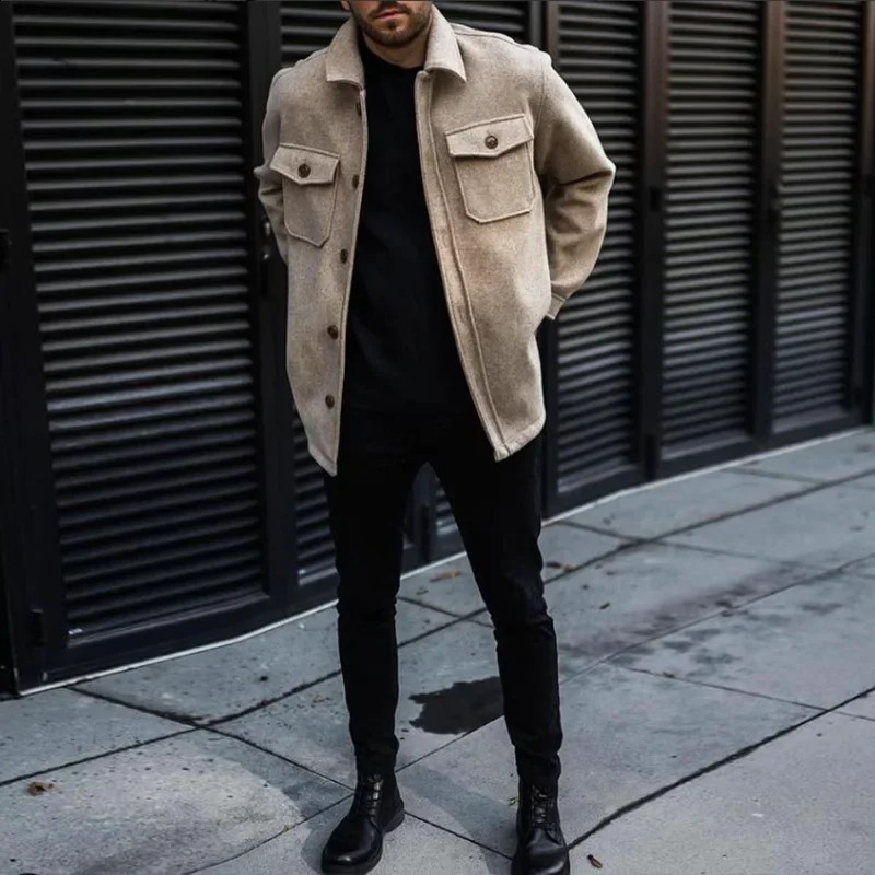 Mens jacket autumn winter youth casual wool coat long sleeved single chest pocket jacket cardigan mens top 240829