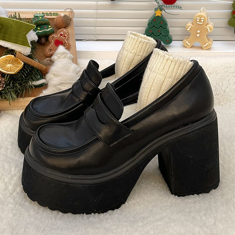 Gothic Chunky High Heels Pumps for Women 2024 Spring Patent Leather Platform Loafers Woman Black Thick Heeled Jk Lolita Shoes