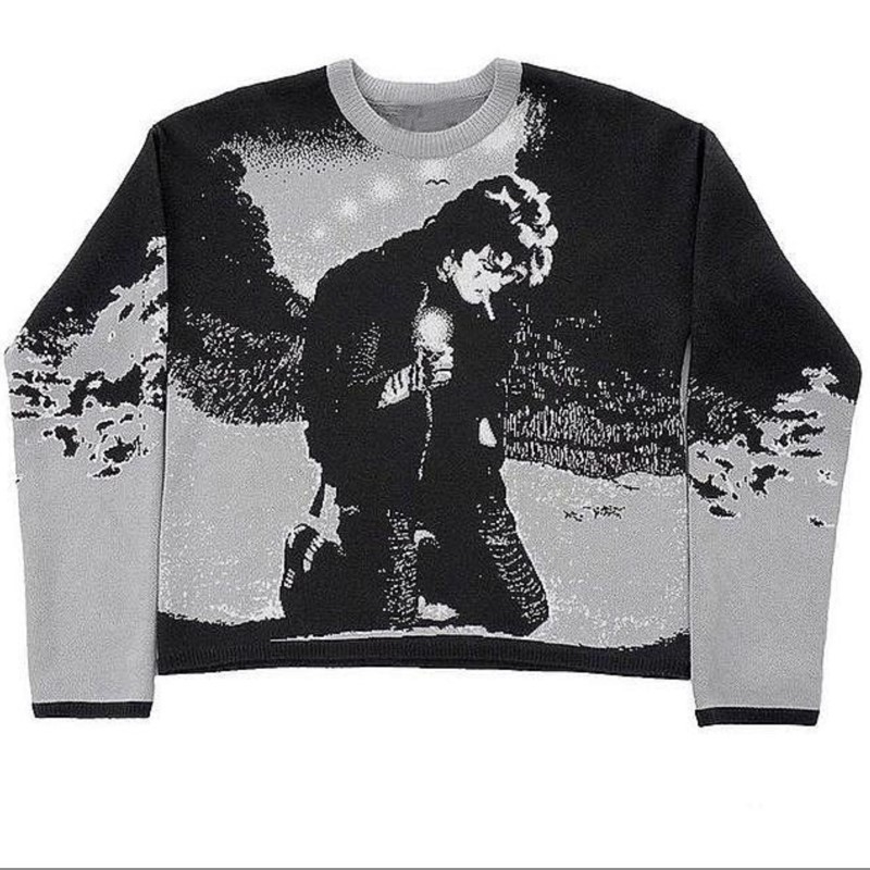 Autumn winter Harajuku retro cartoon printing knife oversized mens sweater aesthetics Y2K gothic punk streetwear ugly pushcart 240829