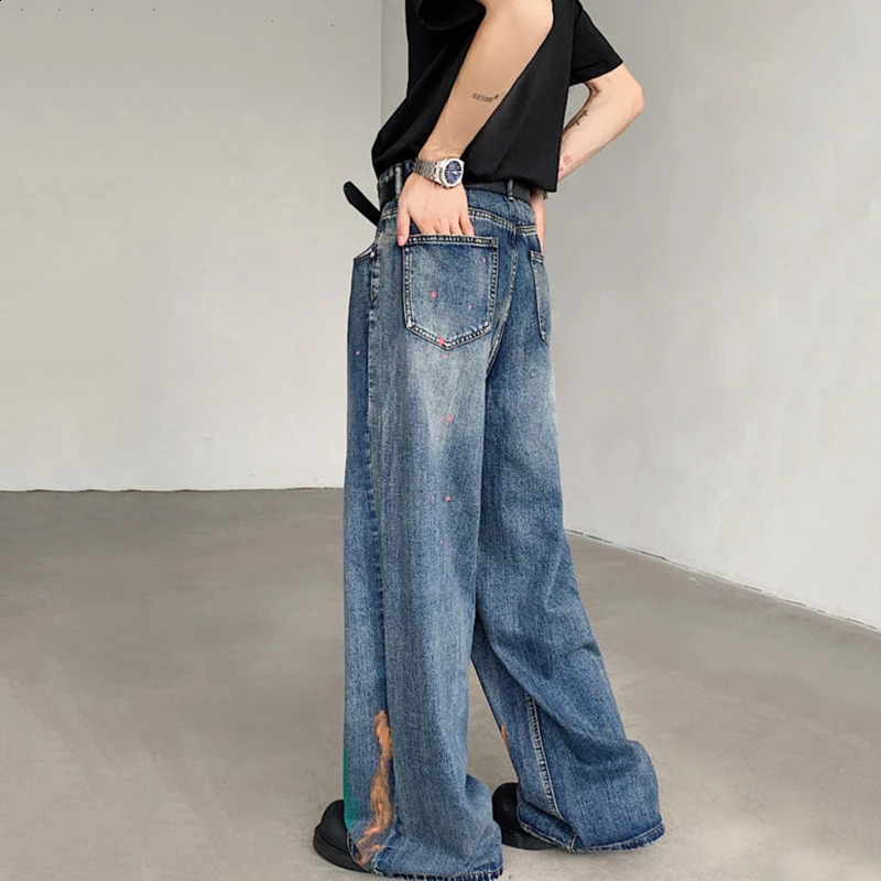 FEWQ Mens Denim Pants High Street Loose Brush Painting Contrast Color Straight Wide Leg Casual Male Jeans Autumn Trend 9C6994 240826Z