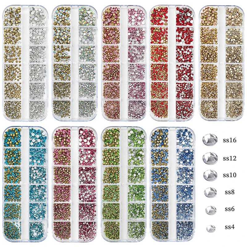 12 grid mixed size glass crystal non thermal fixed rhinestone flat crystal 3D sparkling nail art rhinestone decoration W240829