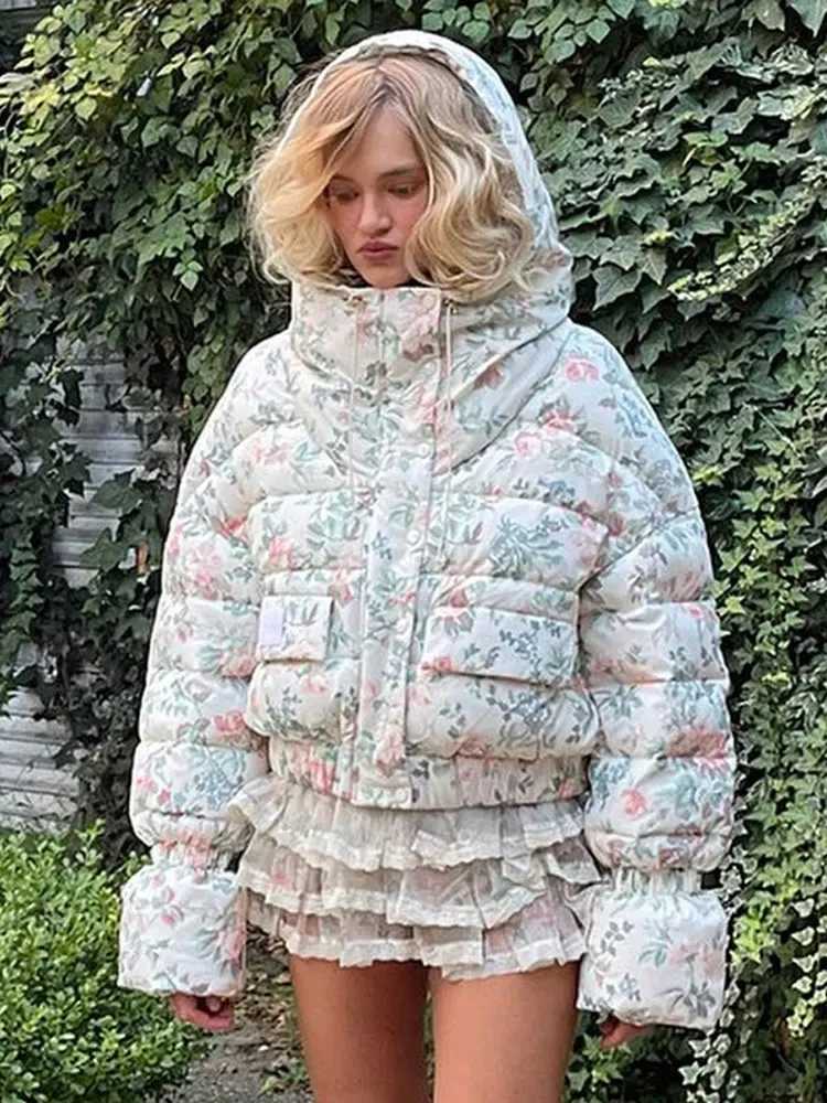 Women's Down Parkas Swt printed multi-color womens cotton jacket with hat long Slve zipper pocket womens coat 2023 winter thick womens coat Y2408