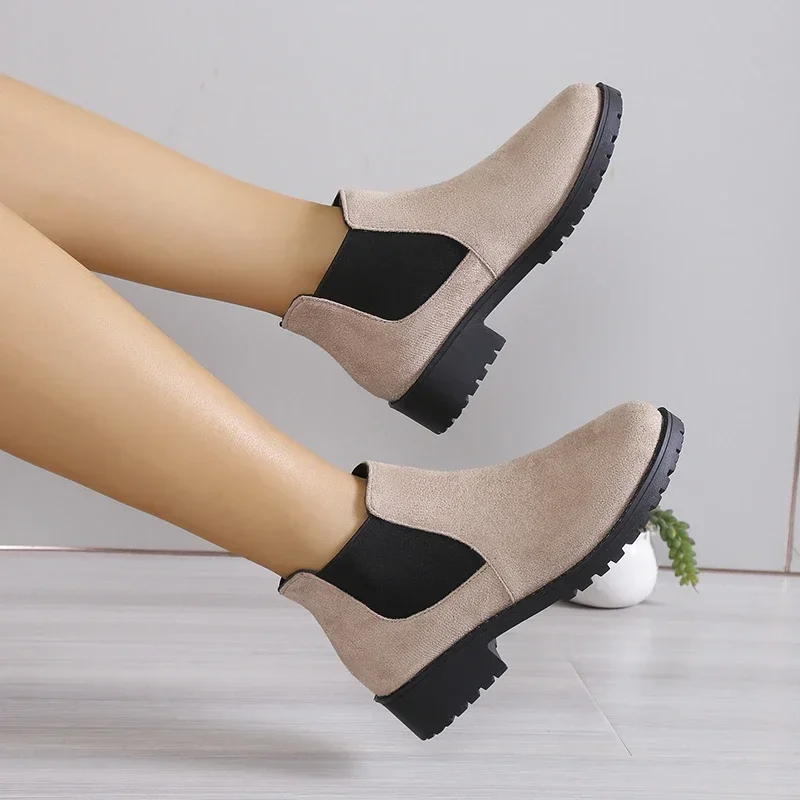 Shoes Women Winter Cow Suede Ankle Chunky Boots Black Female Autumn Fashion Platform Booties Beige 49a2
