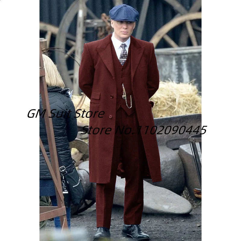 Mens 3-piece set with a collar ultra-thin fit single breasted autumn and winter wool jacket warm solid color British style 240829