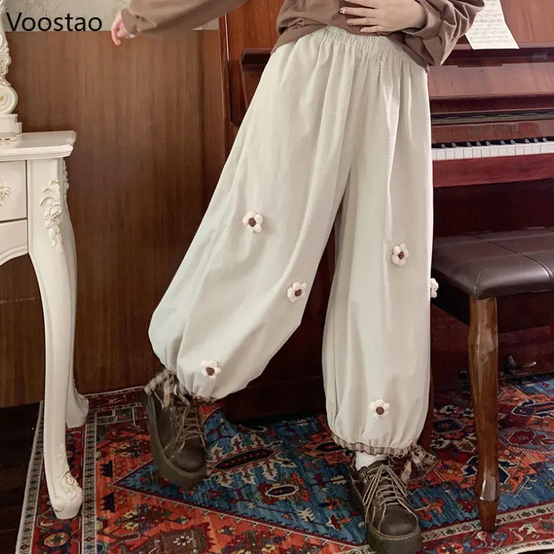 Japanese Sweet Flower Corduroy Wide Leg Casual Pants Women Vintage Cute Loose Trousers Girls Haruku Sweatpants Kawaii Bloomers 240829