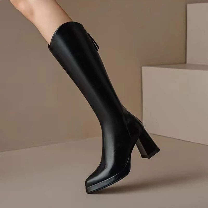 Shoes for Women Fashion Pointed Toe Thick Heel Womens Knee High Boots Winter Warm Brown Long Boots De Mujer 240830