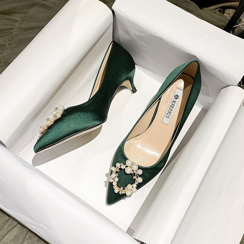 crown 2d0fe heels med-high woman beading green silk pumps designer party/wedding shoes 41 42 plus size pearl buckle tacon