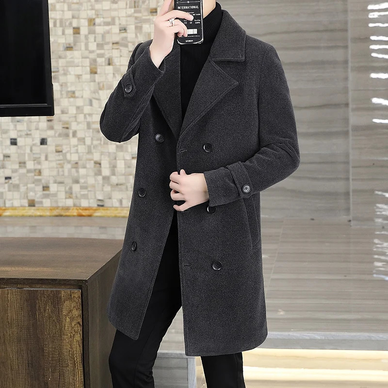 Autumn Winter Mens Wool Coat Solid Color Medium Length Windproof Jacket Business Casual Coat Thick Warm Trench Jacket 240829