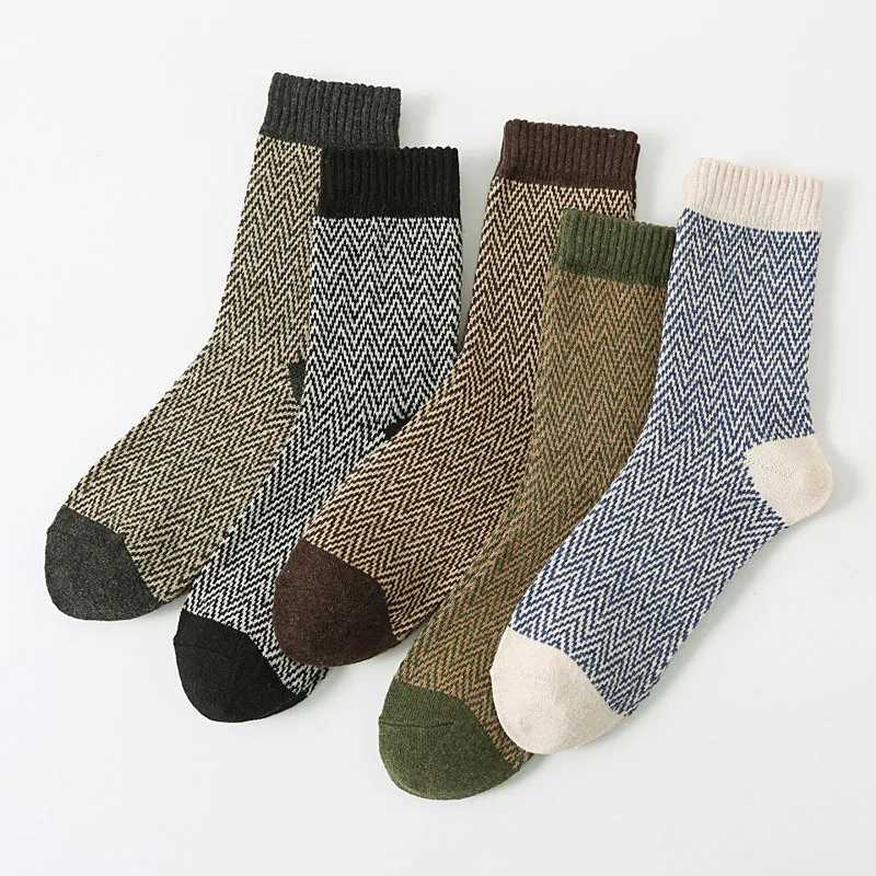 Men's Socks 5 Pairs/Lot Mens Thick Wool Socks Autumn And Winter High Quality Japanese Vintage Stripes Warm Comfortable Soft Socks EU 38-44 Y24083