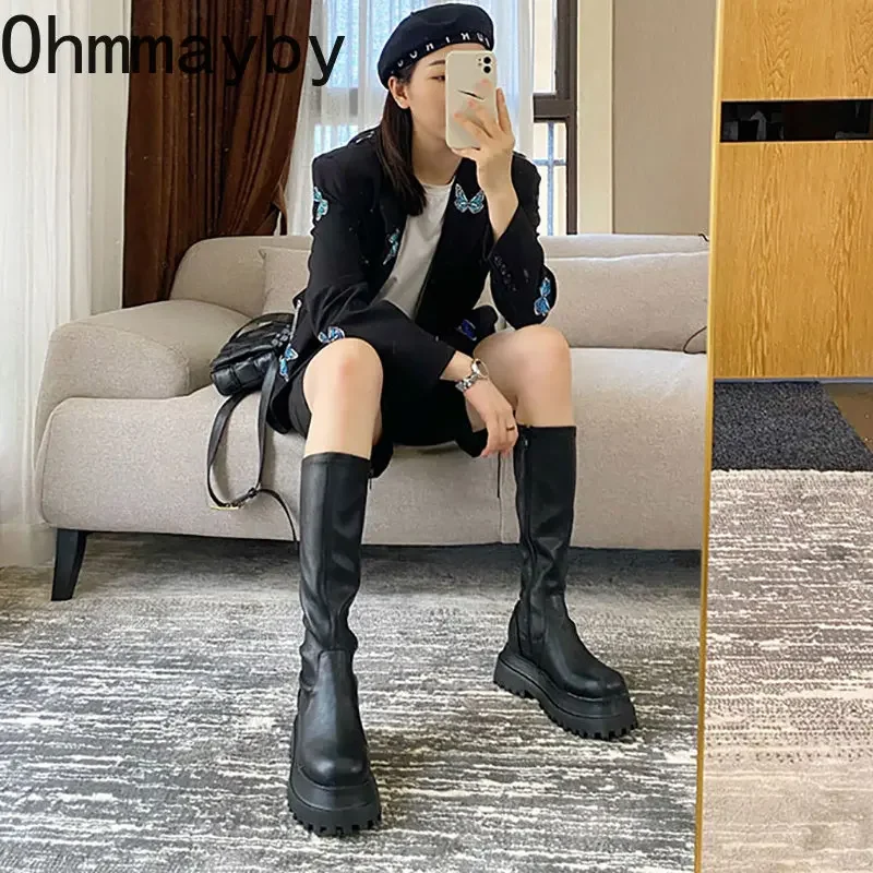 2024 Winter Chunky Platform Heels Long Boots Round Toe Zipper Thick Sole Ladies Fashion Winter Women's Knee High Boots