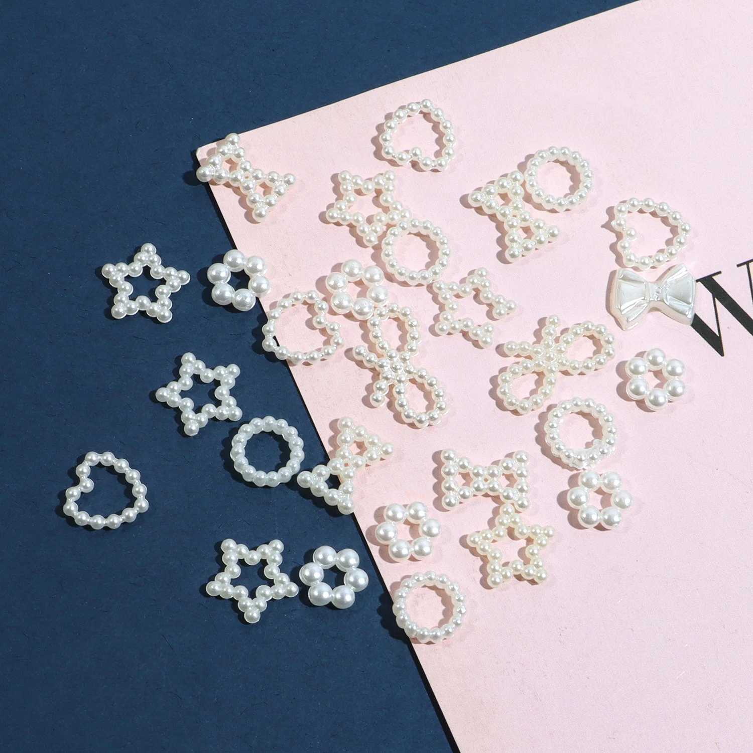 200 pieces/batch of hollow pearl nails art decoration heart flower star bow design pearl nail charm DIY 3D ergonomic accessories W240829