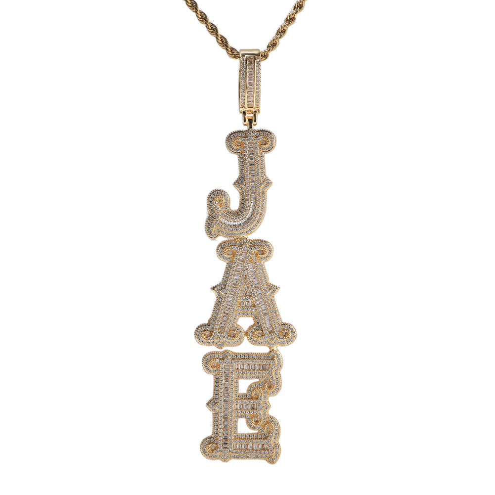 Hip Hop Custom Vertical Name Letters A-Z Numbers 0-9 Pendant Necklace 5A Zircons Real Gold Plated Jewelry