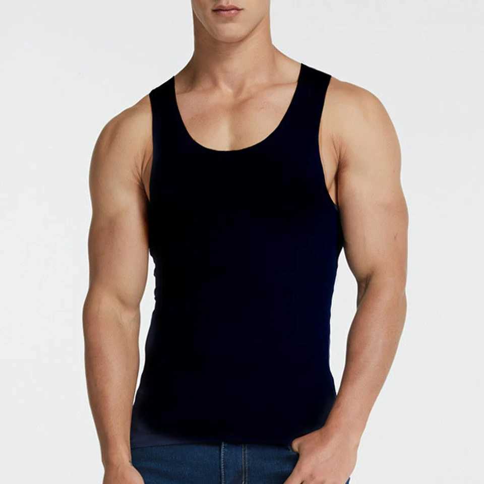 Mens sleeveless ice silk high elasticity seamless vest top pleated tee casual vest trackless sport bottom mens vestW240718