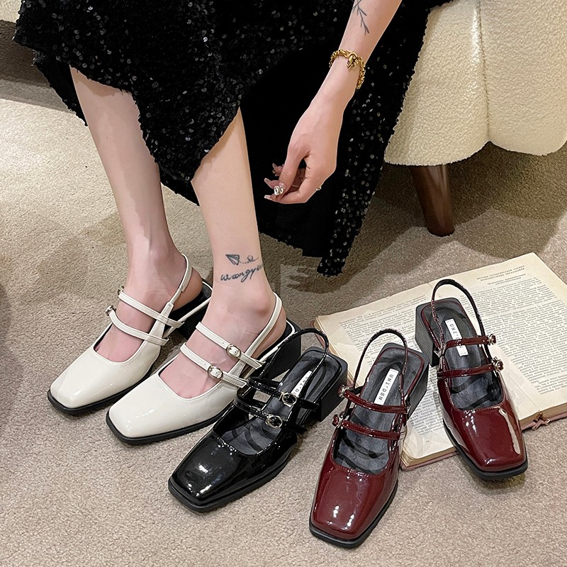 2025 new Spring Faux Patent Finish High-heel Shoes With Straps Sgback Fashion Pumps For Women Square Toe Block 6d2d