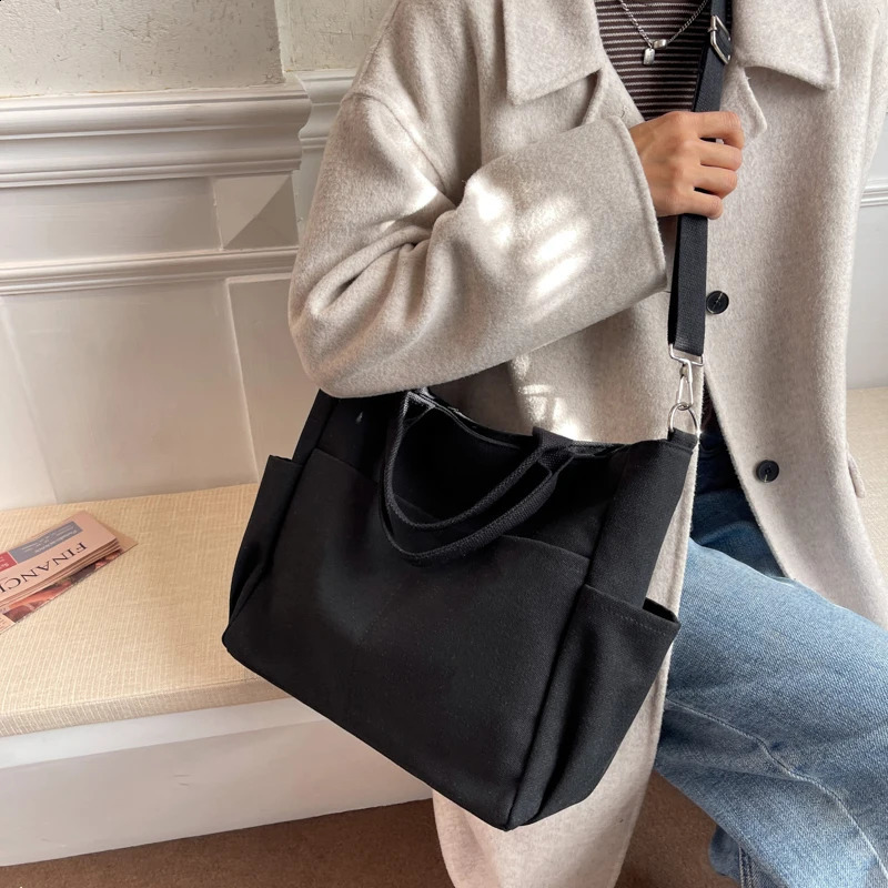 Lazy Wind Canvas Big Bag Korean Version Of The Single Shoulder Crossbody Bag Female Simple Literary Solid Color Bag 240830
