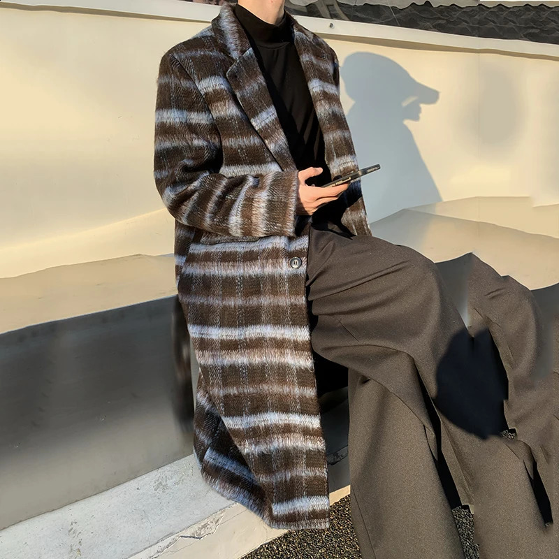 IEFB contrasting color mens coat Korean fashion lapel flat bottomed casual mens long wool coat trend winter chic 9C3923 240829