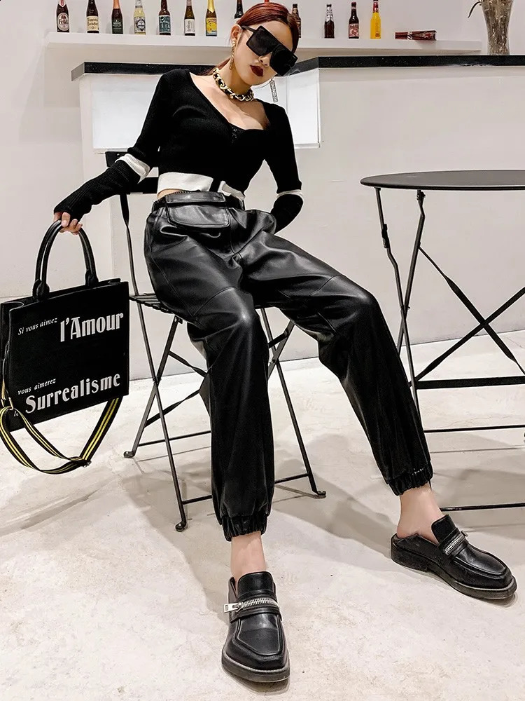 Womens genuine leather pants ner elastic high waisted fashionable commodity real street clothing punk casual sheepskin harem 240827