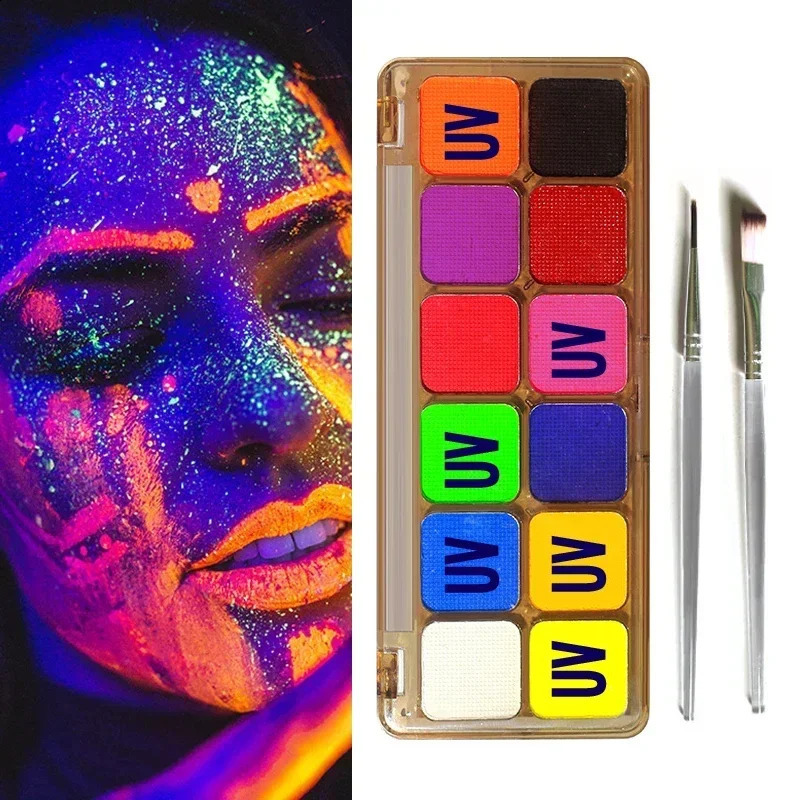12 colors body painting oil water-based active eyeliner UV light painting Halloween Christmas makeup palette with brush 240829