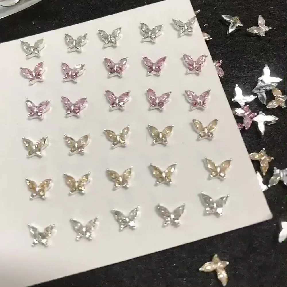 10 pieces of mini 4 * 5mm crystal butterfly nails artistic charm 3D diamond jewelry parts pink transparent metal processing decoration rhinestone gems