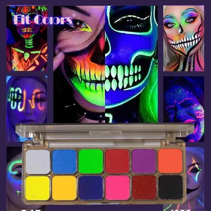 12 colors body painting oil water-based active eyeliner UV light painting Halloween Christmas makeup palette with brush 240829