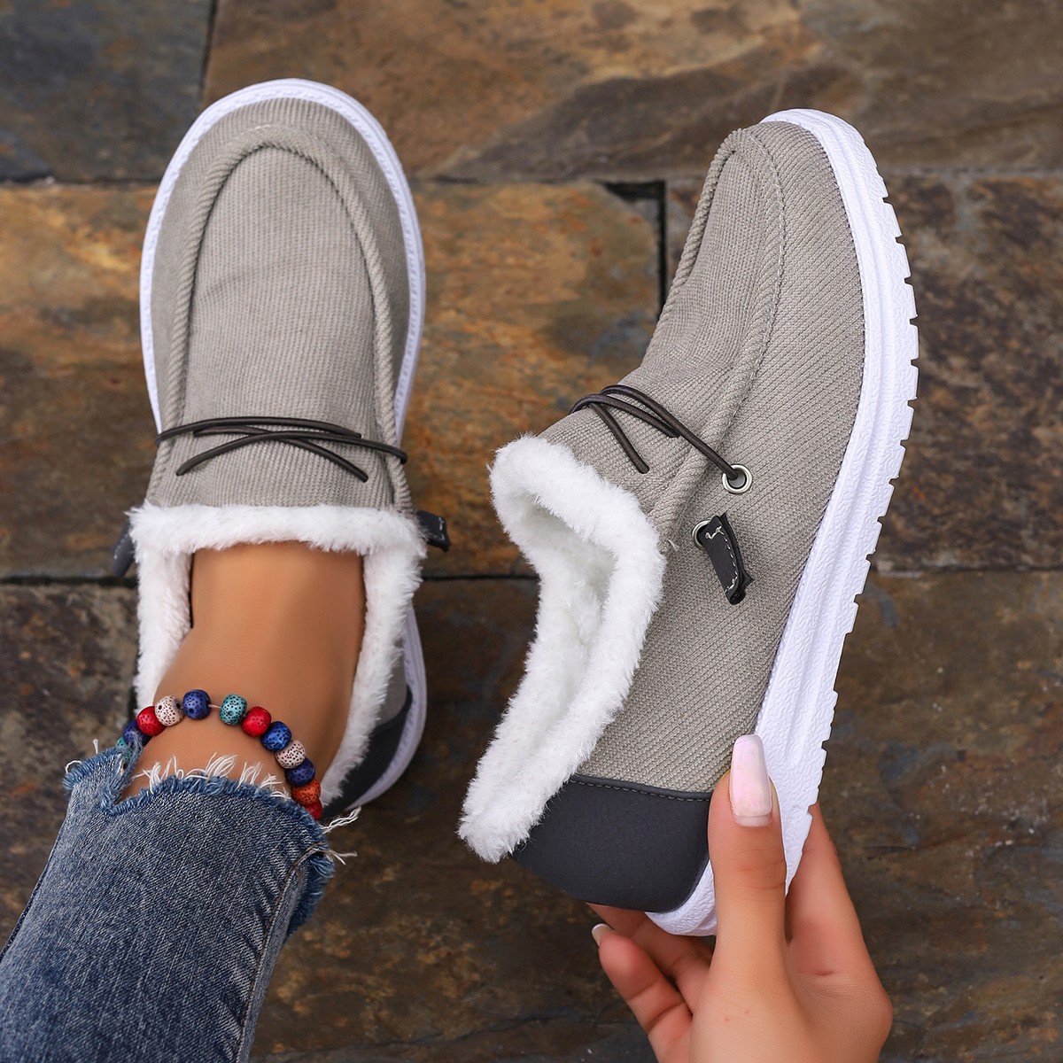 Women's autumn and winter over-sized round toe lace up and plush warm cotton shoes