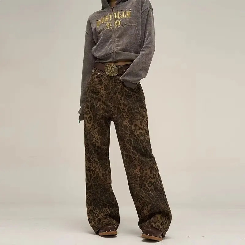 Leopard Print Womens Wide Leg Pants Unique Style Y2k Jeans 240827