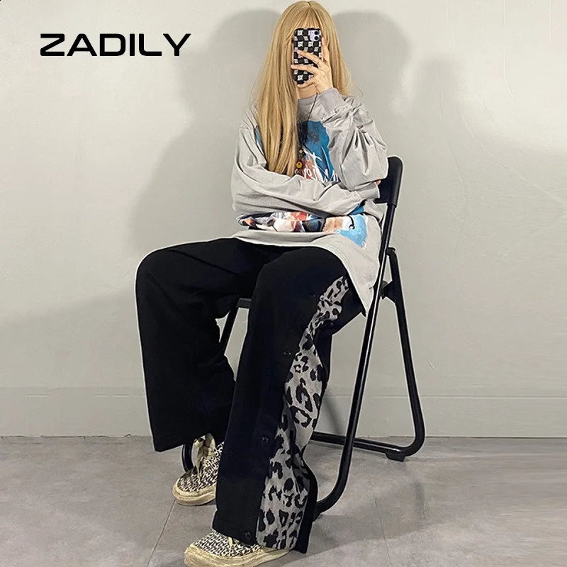ZADILY Y2K Street Sytle Elastic Waist Straight Pants Harajuku Loose Patch Work Leopard Pattern Womens Summer Trousers 240827