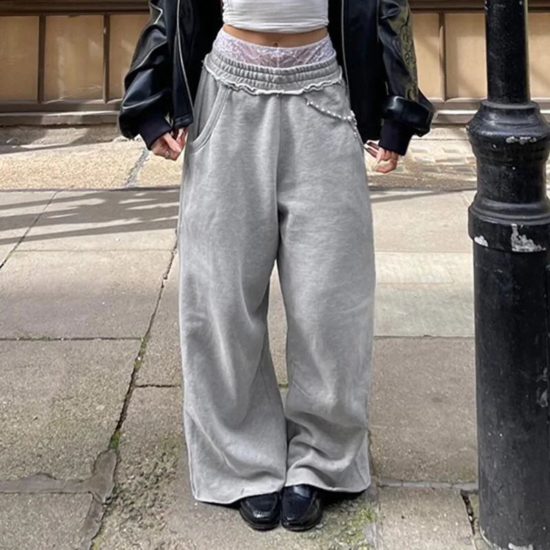 Deeptown Baggy Y2k Grey Sports Pants Womens Casual Retro Street Loose Long Leg 240827