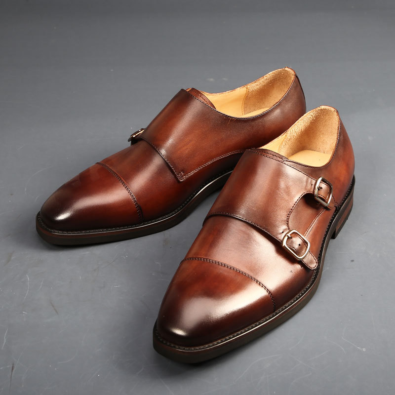 Brand Double Monk Strap Genuine Leather Handmade Fashion Designer Business Dress Shoes for Men Original