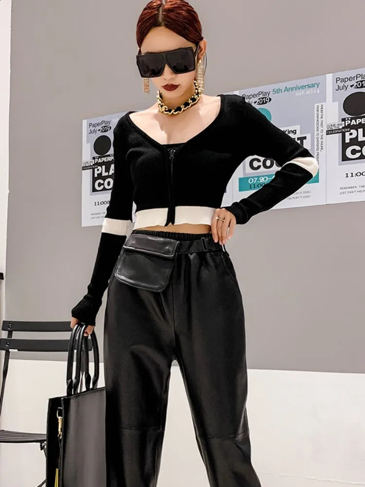 Womens genuine leather pants ner elastic high waisted fashionable commodity real street clothing punk casual sheepskin harem 240827
