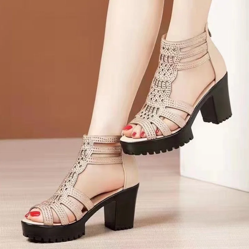 Women's Chunky Heel Shoes 2023 Summer Roman Open Toe Platform Heeled Shoes for Women Office Ladies High Heel Shoes Female Pumps