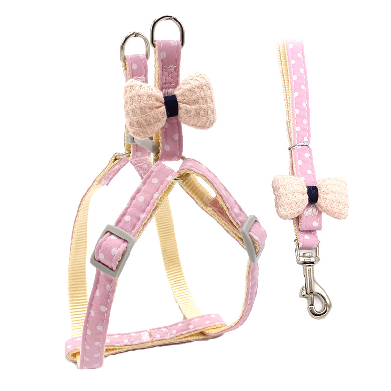 Adjustable Dog Collar and Leash Set with Polka Dot Print & Bow Embellishment Pet Chest Harness Pet Supplies for Puppies and Cats