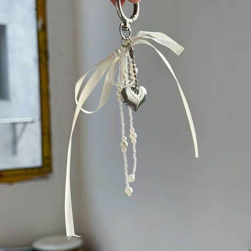Pearl Bow Key Ring Ribbon Beaded Keychain Korean Style Hanging Accessories Y2k Heart Bag Pendant Decor y241226