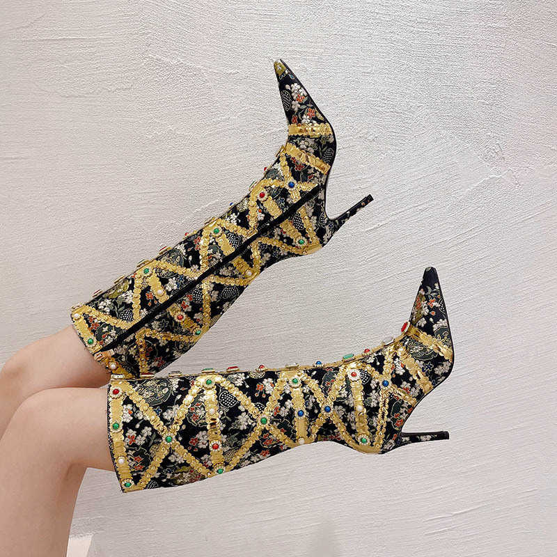 CMM Childrens Fashionable Slim Heel Heavy Handmade Womens Boots Rhinestone Ethnic Pointed High Heeled Long Tube Boots