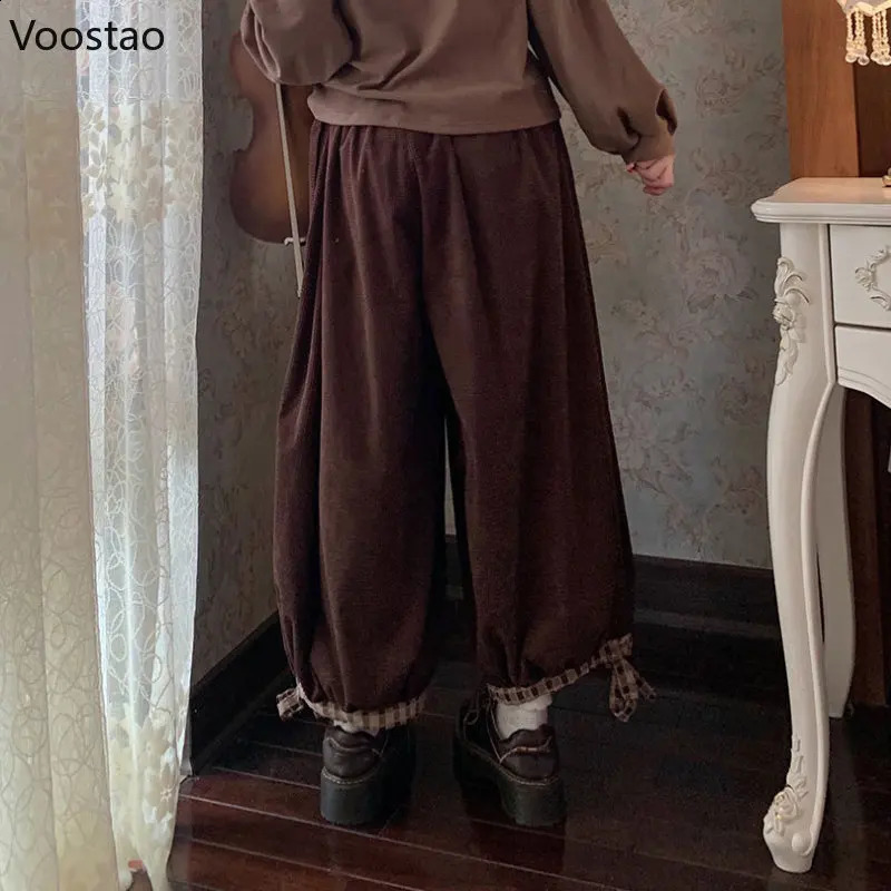 Japanese Sweet Flower Corduroy Wide Leg Casual Pants Women Vintage Cute Loose Trousers Girls Haruku Sweatpants Kawaii Bloomers 240829