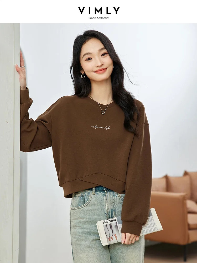 Vimly Womens Sweater Autumn Irregular Loose Floral Letter Printing Embroidery Short Simple Version Top M8313 240827
