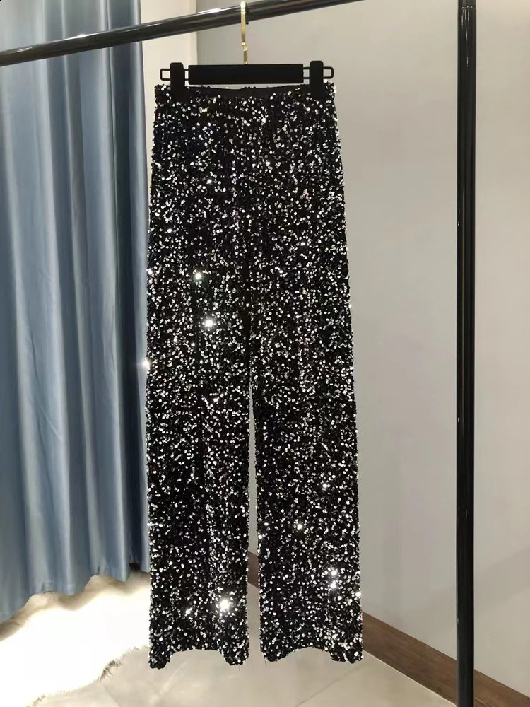 Circyy Y2k Womens Elastic Waist Shining Wide Leg Trouser Full Length Straight High Street Fashion 240827