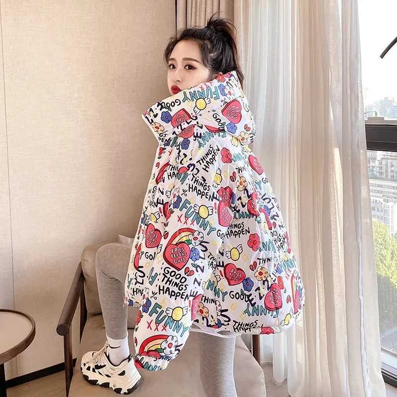 Womens Down Parkas Winter new down cotton jacket womens short sleeved printed loose hooded cotton jacket womens fashionable fully matched casual park 