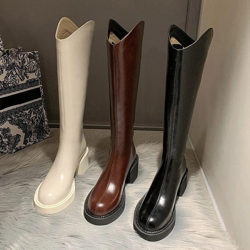 Women's High Boots Platform Boot Female Luxury Designer Shoes British Style Elegant Woman Boots Knight Motorcycle Booties Winter