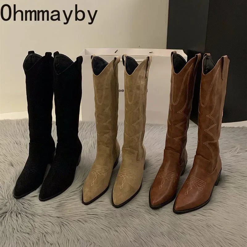 Cowboy Women Boots Fashion Square Low Heel Ladies Elegant Slip On Long Booties Winter Pointed Toe Women's Footwear 15d8 's